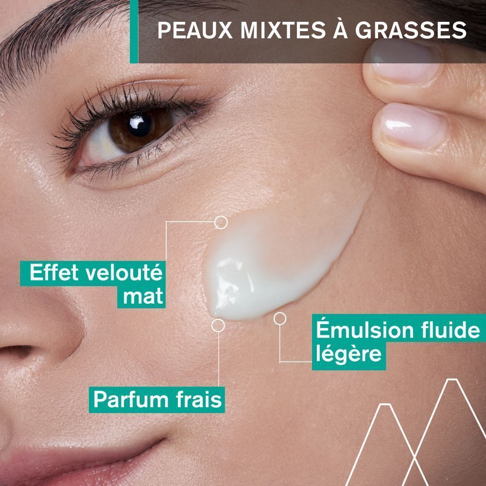 Un tube Uriage Hyséac Mat. Tube blanc avec bouchon vert. Texte : Hyséac Mat, Emulsion matifiante.