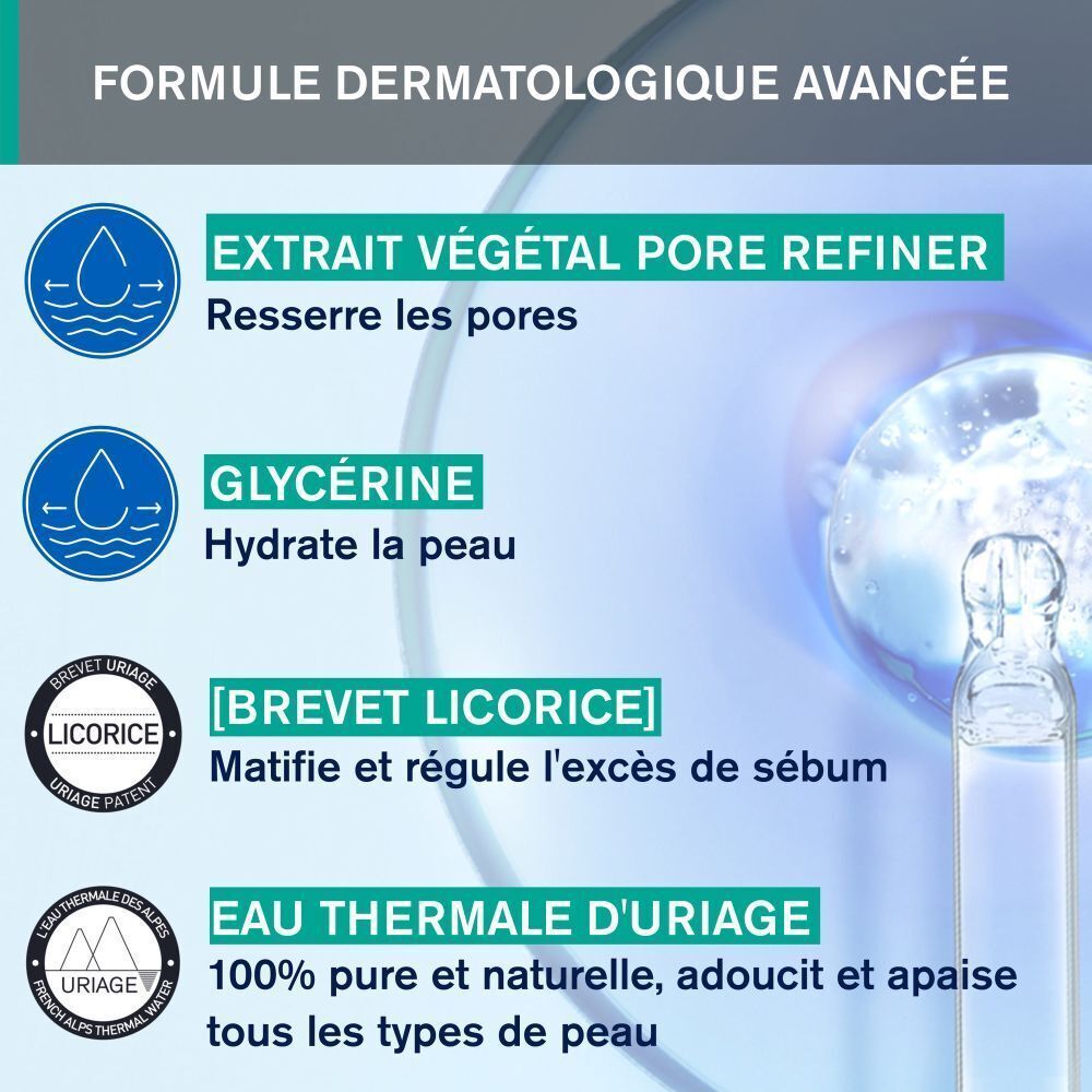Un tube Uriage Hyséac Mat. Texte : 86% de brillance cutanée réduite, resserre les pores.