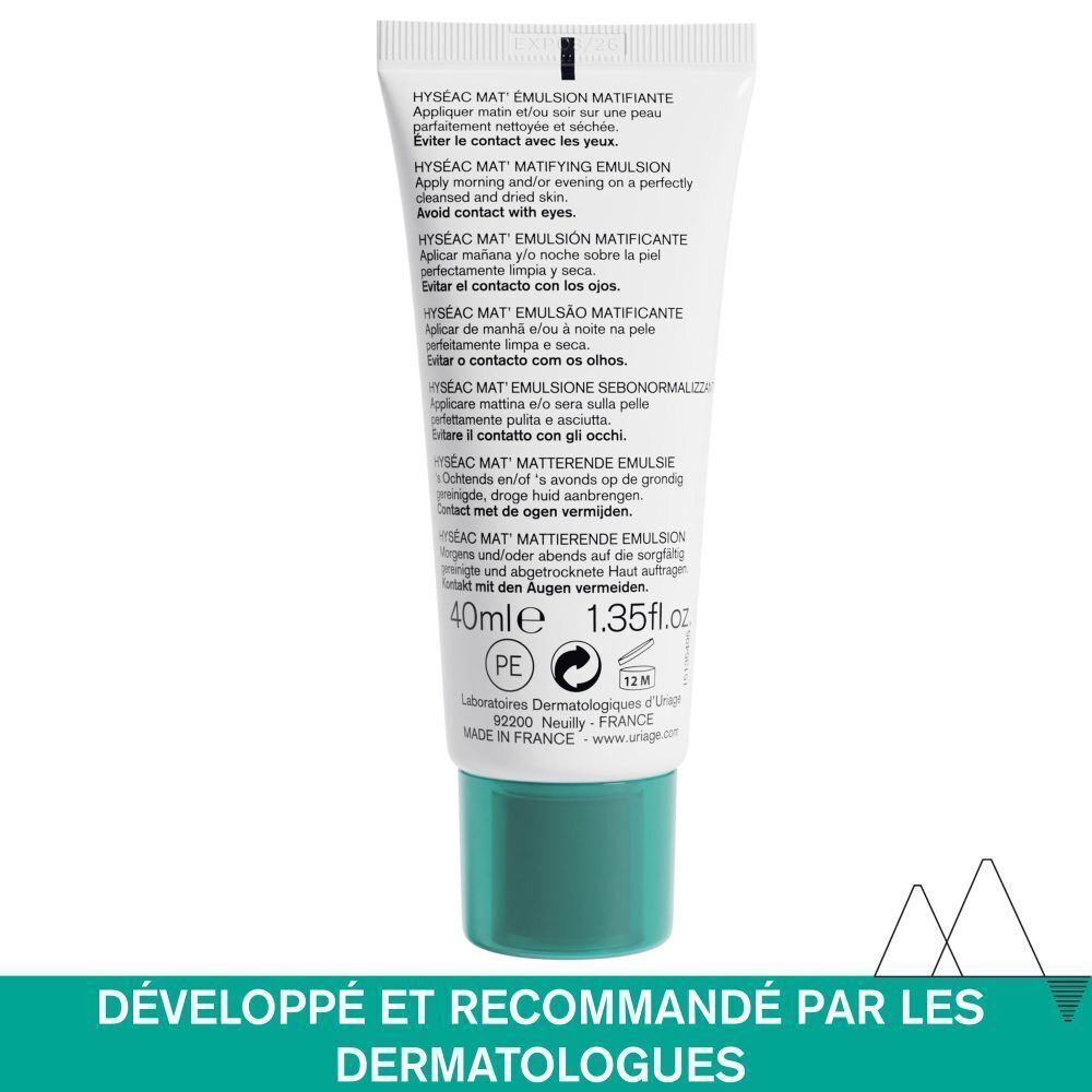 Graphique avec ingrédients. Texte : Extrait végétal pore refiner, Glycérine, Eau thermale d'Uriage.