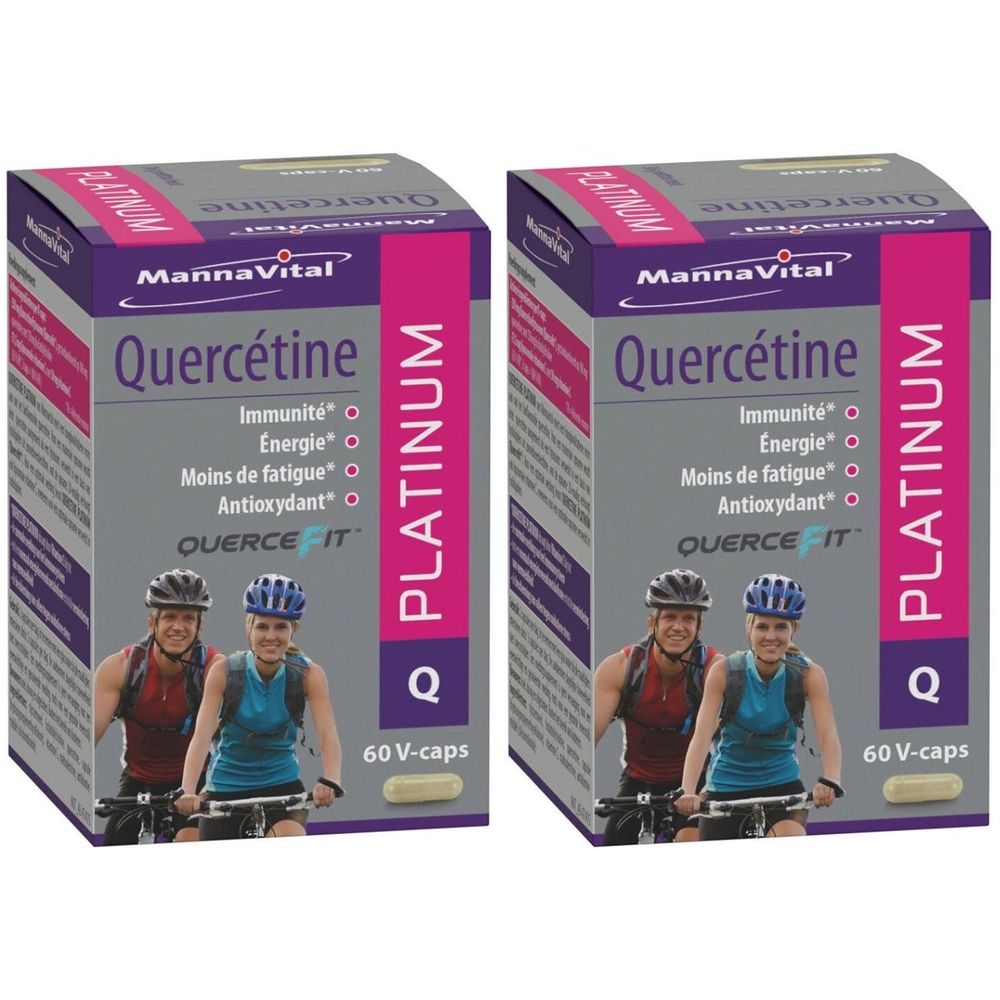 Deux boîtes de Mannavital Quercetine Platinum. Inscriptions: Immunité, Energie, Moins de fatigue, Antioxydant. 60 V-caps.