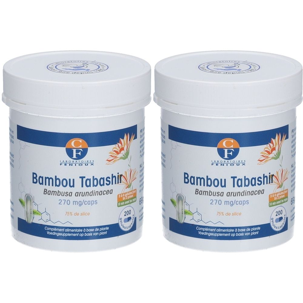 Deux pots blancs avec couvercles. Inscription: Bambou Tabashir, 270 mg/caps. Marque: Fenioux. Contient 200 gélules.