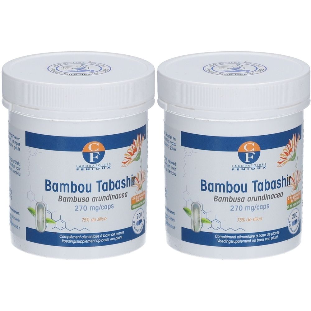 Zwei weiße Behälter mit Deckel. Aufschrift: Bambou Tabashir, 270 mg/caps. Marke: Fenioux. Enthält 200 Kapseln.