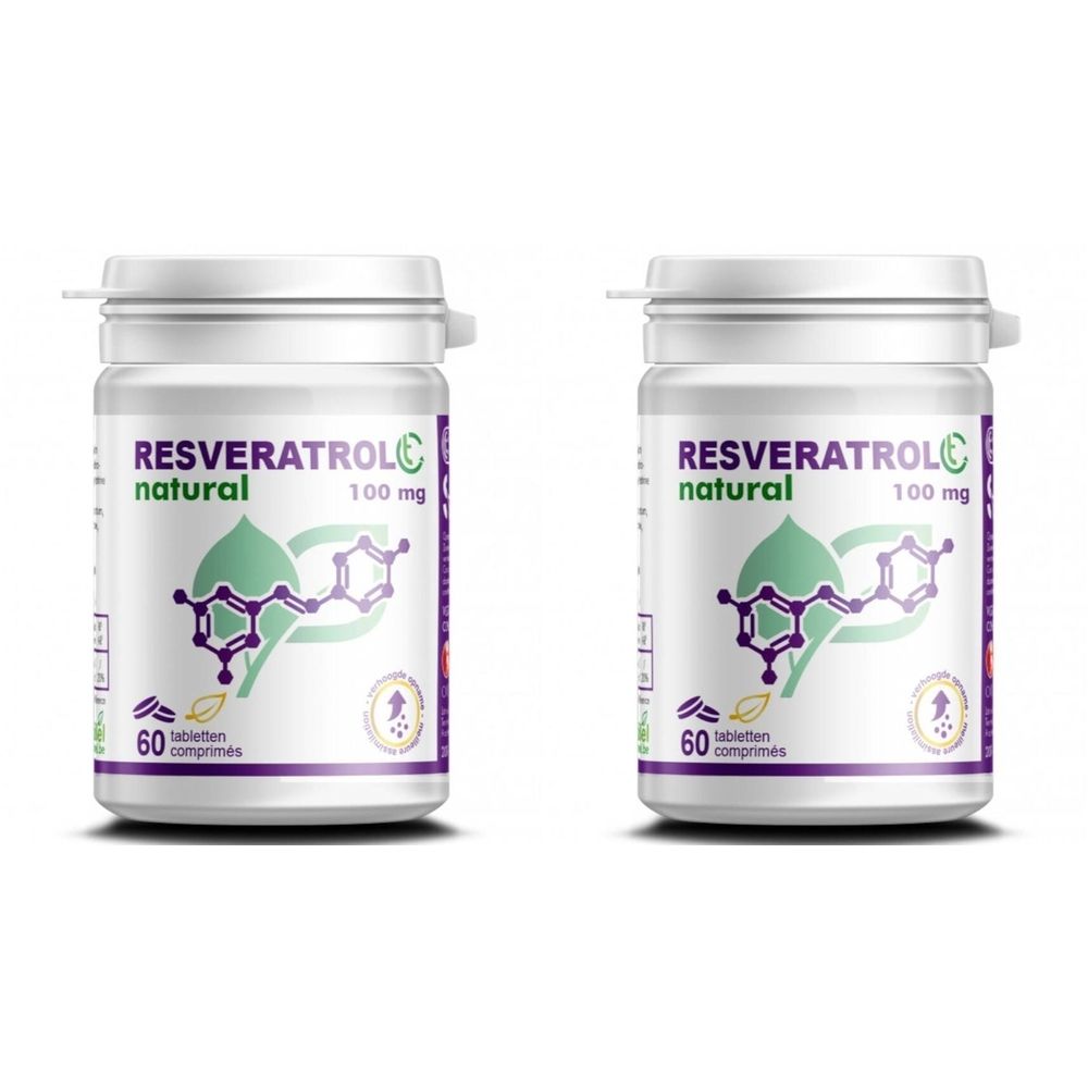 Deux flacons blancs avec étiquette. Inscription: Resveratrol C, 100 mg, natural. 60 comprimés. Logo vert-violet.