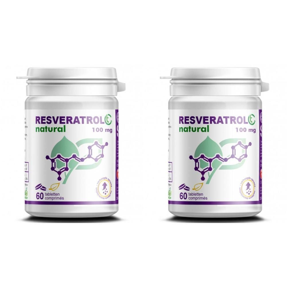 Zwei weiße Tablettenbehälter mit Etikett. Aufschrift: Resveratrol C, 100 mg, natural. 60 Tabletten. Grün-lila Logo.