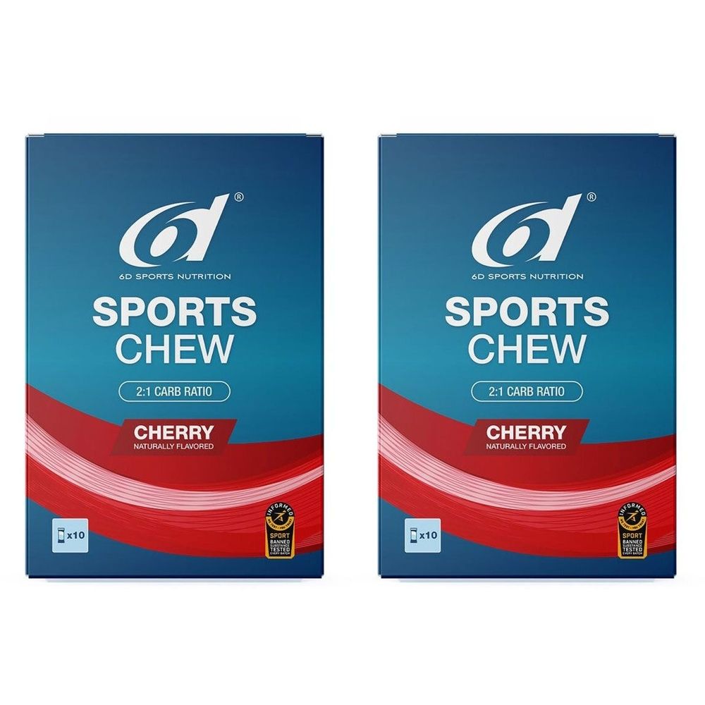 Zwei blaue Verpackungen mit "6d Sports Chew Cherry". Aufschrift: SPORTS CHEW, 2:1 Carb Ratio, Cherry. Mit Logo und Zertifizierung.