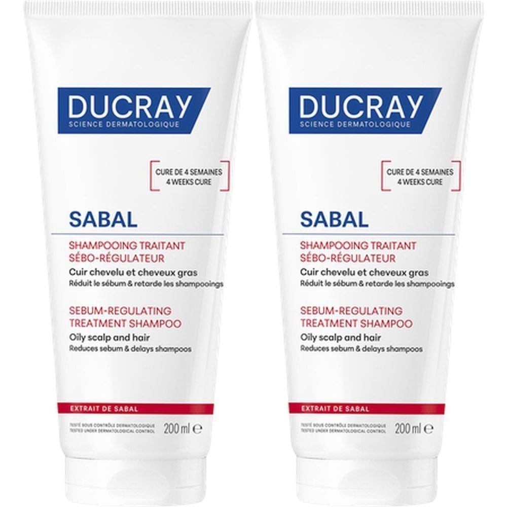 Deux tubes de shampooing Ducray Sabal. Blanc, texte bleu et rouge. Shampooing Traitant Sébo-Régulateur. 200ml.