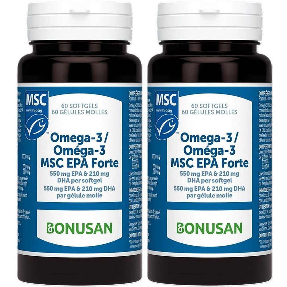 Zwei Flaschen mit Omega-3 MSC EPA Forte. Schwarze Flaschen mit weißem Deckel und blauem Etikett. Text: BONUSAN, MSC, 60 Softgels.