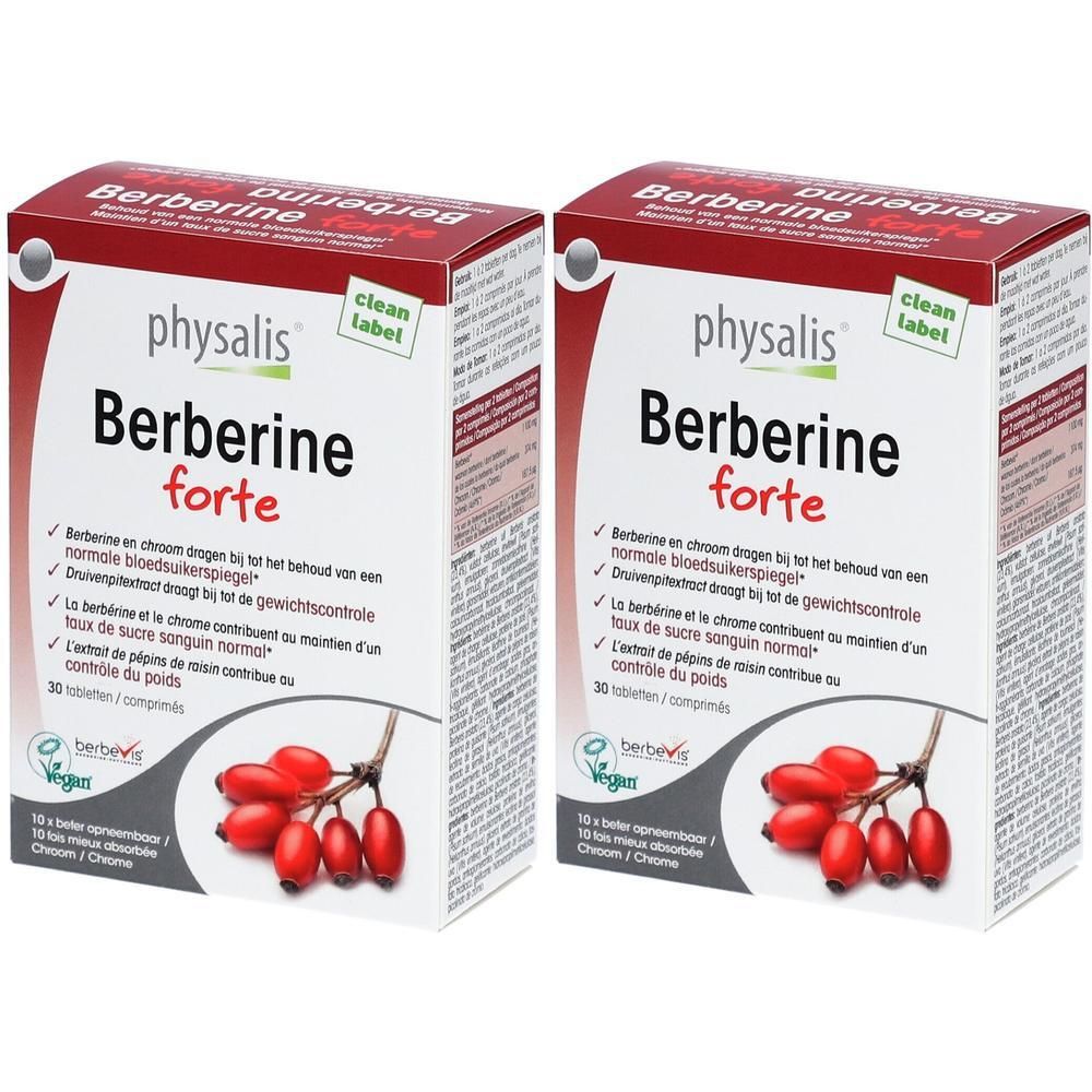 Zwei Schachteln PHYSALIS Berberine Forte. Rote und weiße Verpackung mit Produktnamen und Inhaltsangaben. Veganes Siegel.