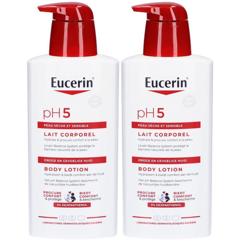 Zwei weiße Flaschen mit rotem Pumpkopf. Aufschrift: Eucerin pH5, Lait Corporel, Body Lotion. Text in Französisch und Englisch.