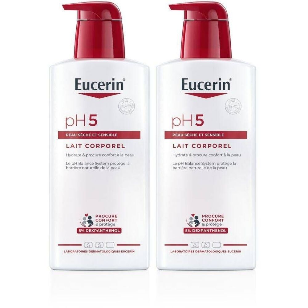 Deux flacons blancs avec pompe rouge. Inscription: Eucerin pH5, Lait Corporel, Body Lotion. Texte en français et anglais.
