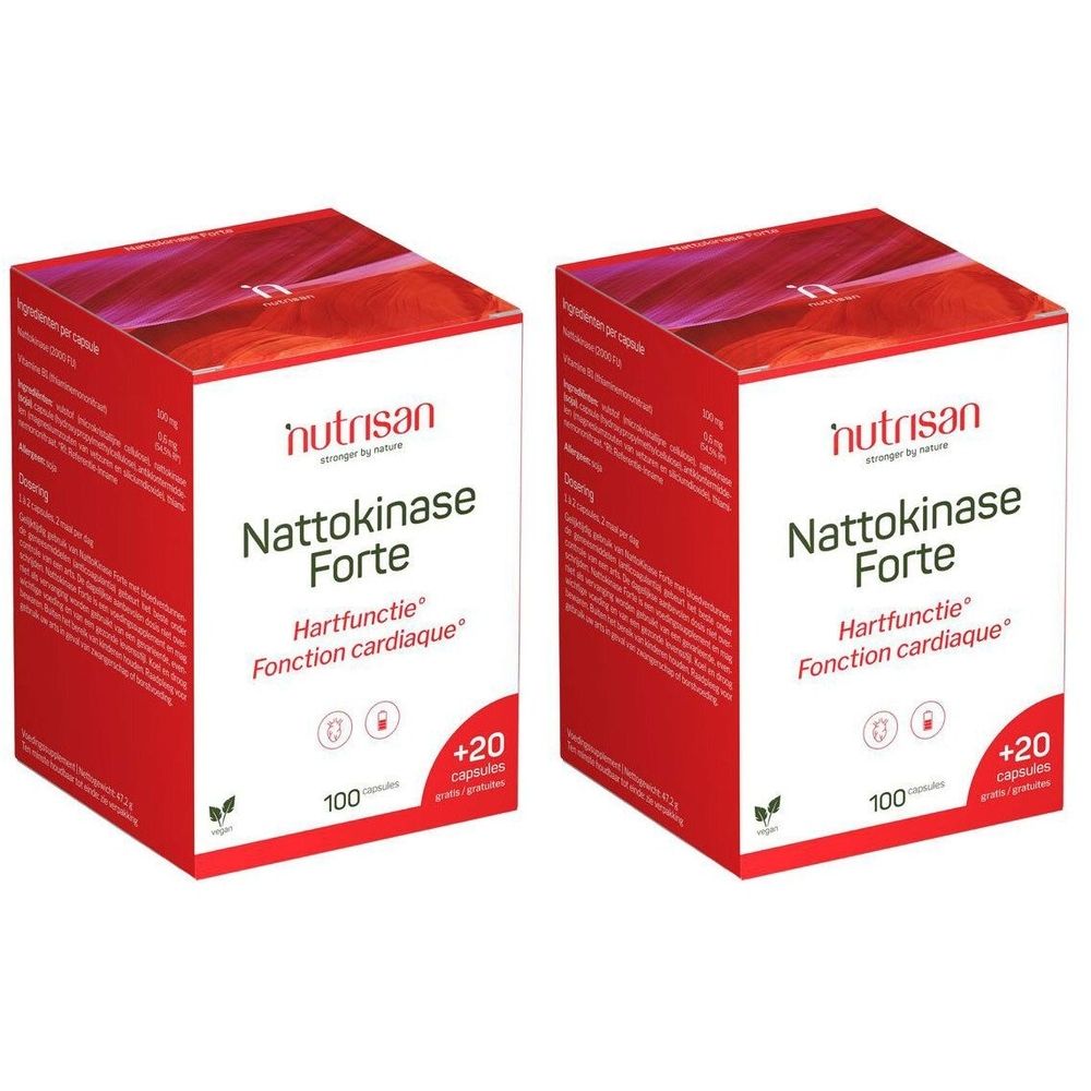 Deux boîtes rouges "Nutrisan Nattokinase Forte". Texte: "Hartfunctie", "Fonction cardiaque". Plus 20 capsules gratuites.
