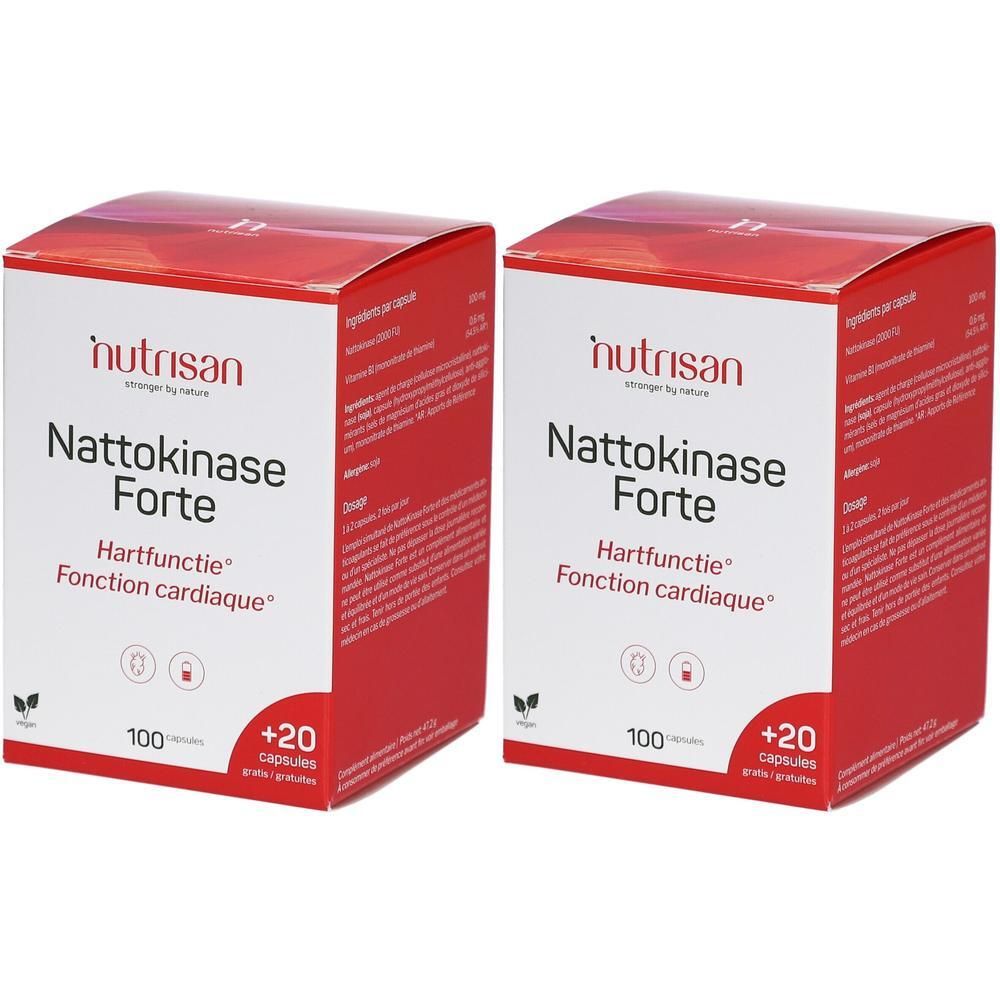 Zwei rote Kartons mit "Nutrisan Nattokinase Forte". Text: "Hartfunctie", "Fonction cardiaque". Plus 20 Kapseln gratis.
