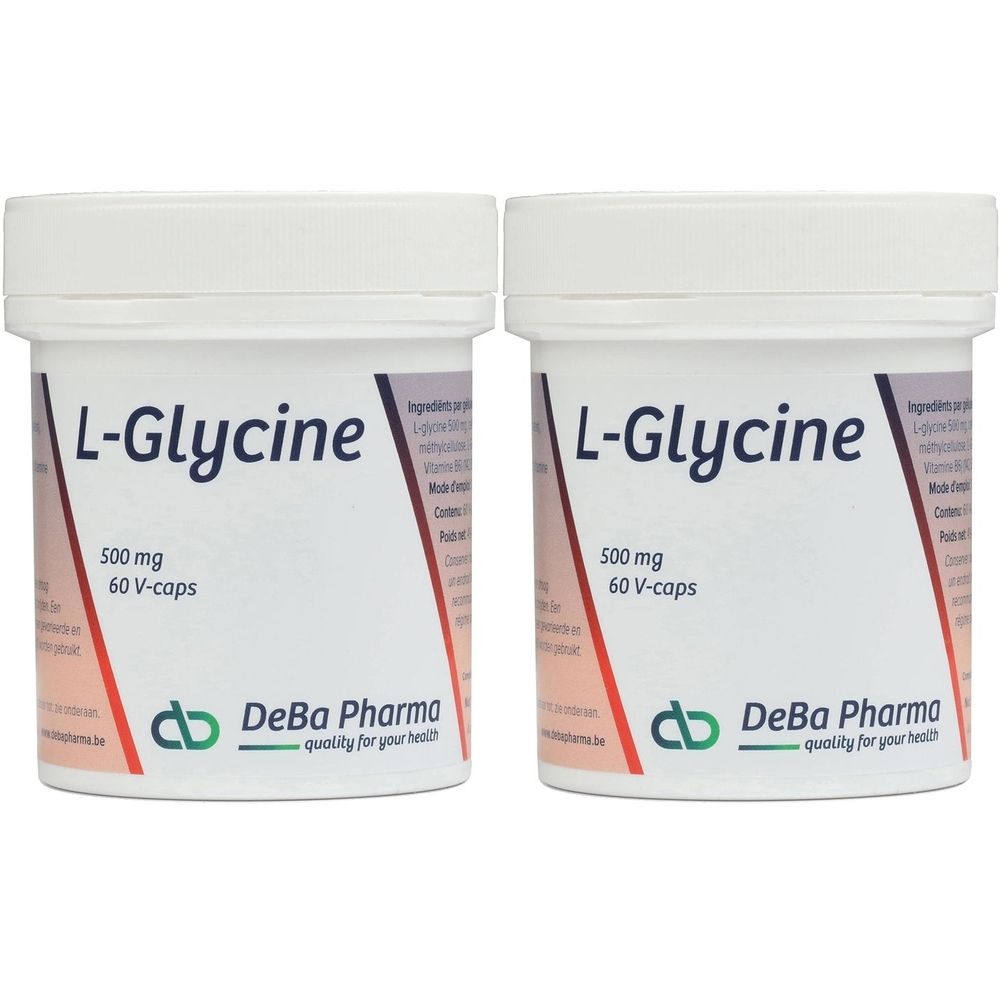Deux pots blancs avec couvercles. Inscription : L-Glycine 500 mg, 60 V-caps. Logo DeBa Pharma.
