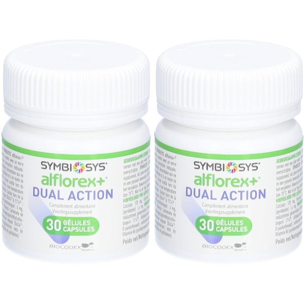 Zwei weiße Flaschen SYMBIOSYS Alflorex+ Dual Action. Jede Flasche enthält 30 Kapseln. Grün-weiße Etiketten mit Produktinformationen.