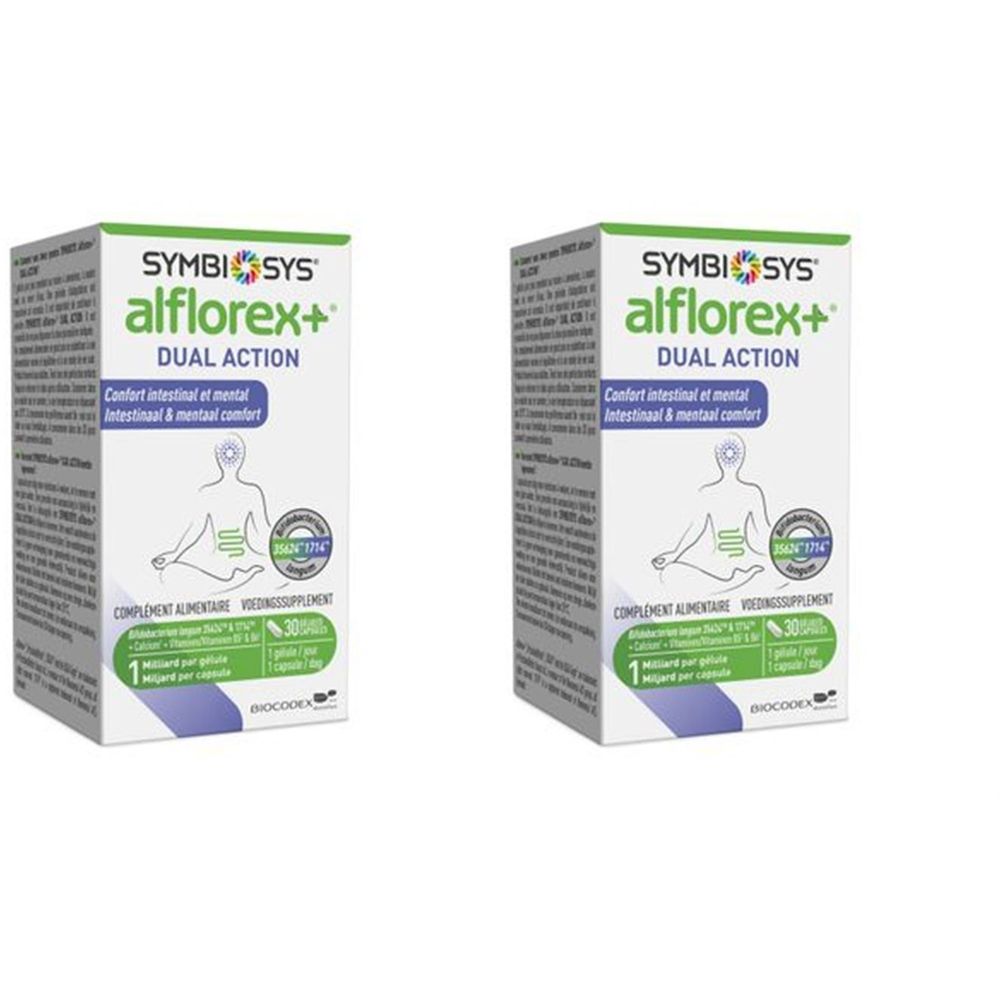 Deux boîtes SYMBIOSYS Alflorex+ Dual Action. Chaque boîte contient 30 gélules. Emballage vert et blanc avec informations.