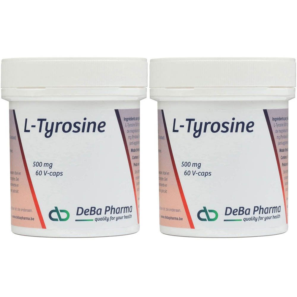 Deux pots blancs avec l'inscription L-Tyrosine 500 mg 60 V-caps. Logo DeBa Pharma en bas.