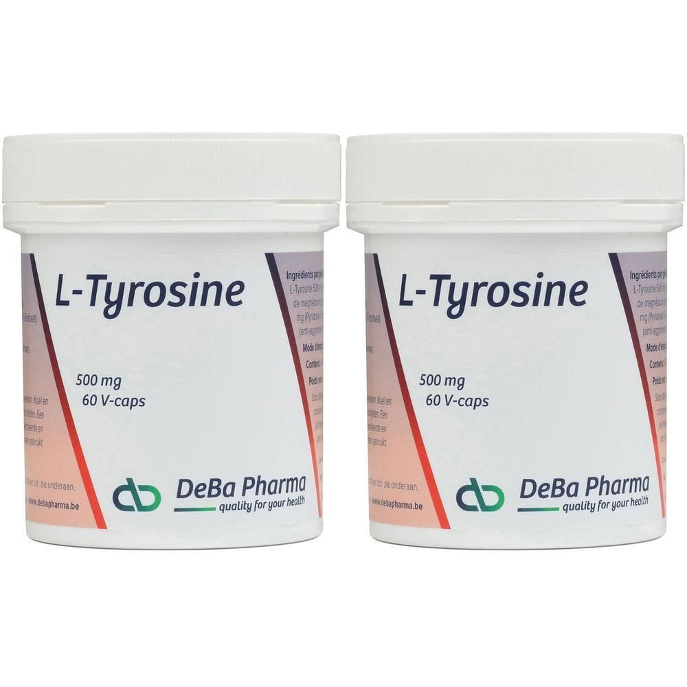 Deux pots blancs avec l'inscription L-Tyrosine 500 mg 60 V-caps. Logo DeBa Pharma en bas.
