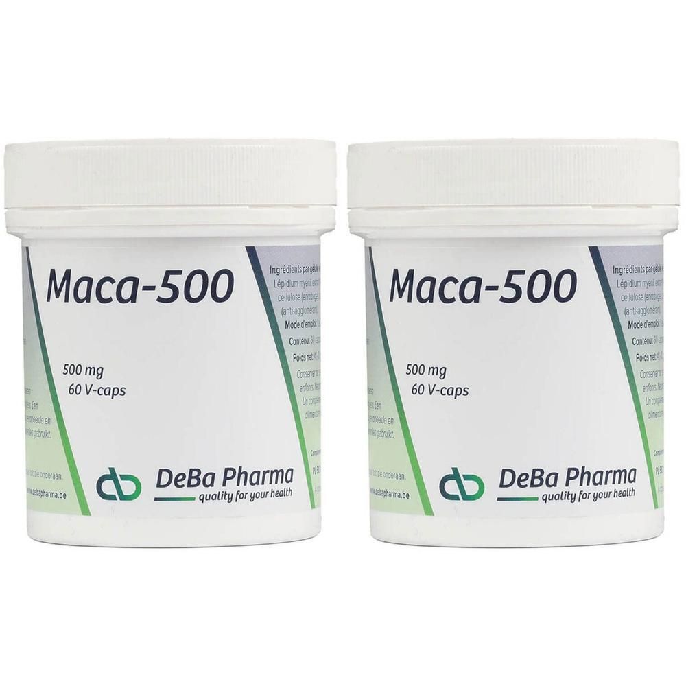 Zwei weiße Behälter mit der Aufschrift "Maca-500". Enthält 500 mg und 60 V-Kapseln. Marke: DeBa Pharma.