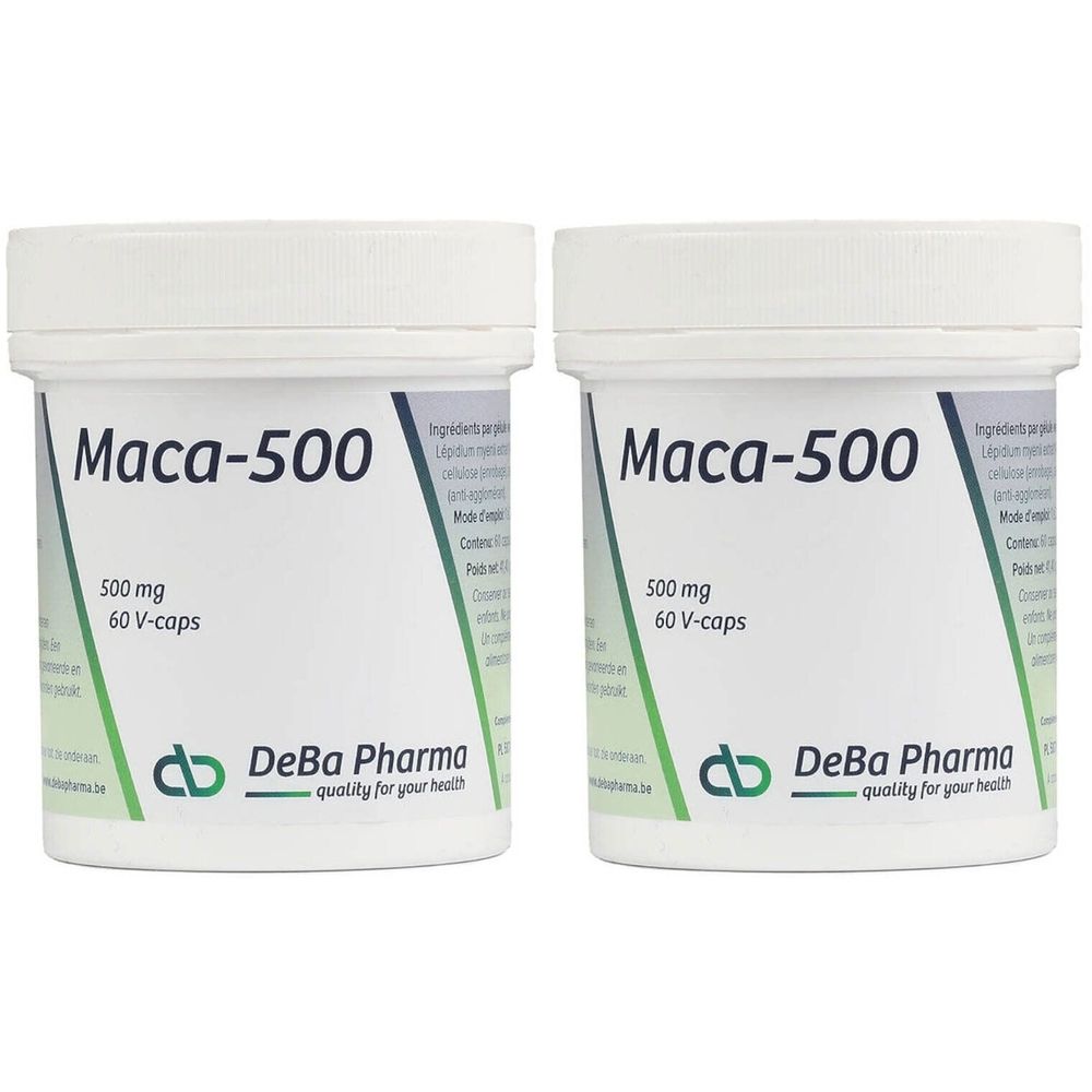 Deux pots blancs avec l'inscription "Maca-500". Contient 500 mg et 60 V-capsules. Marque : DeBa Pharma.