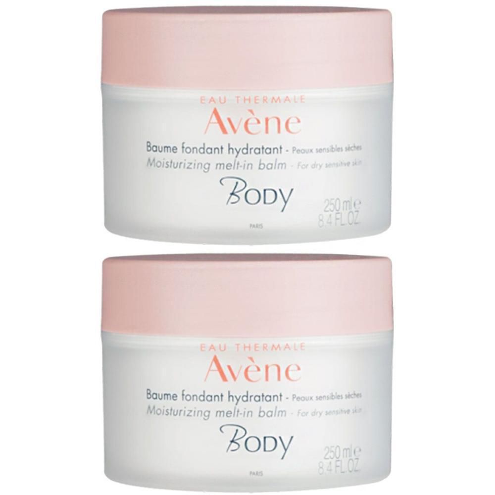 Zwei Tiegel Avene feuchtigkeitsspendender Balsam. Weißes Gefäß mit rosa Deckel. Aufschrift: Avene, Body, Baume fondant hydratant.