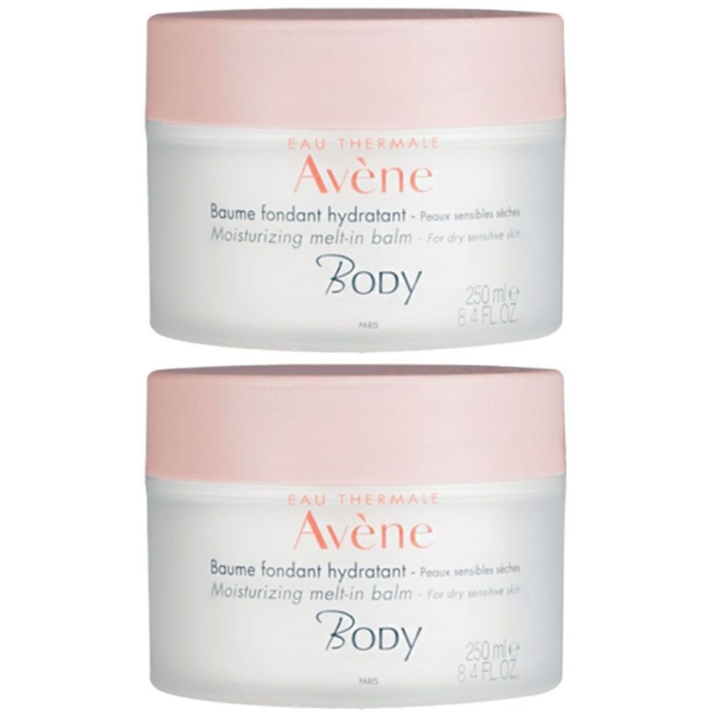 Deux pots de Baume fondant hydratant Avene. Récipient blanc, couvercle rose. Inscription: Avene, Body, Baume fondant hydratant.