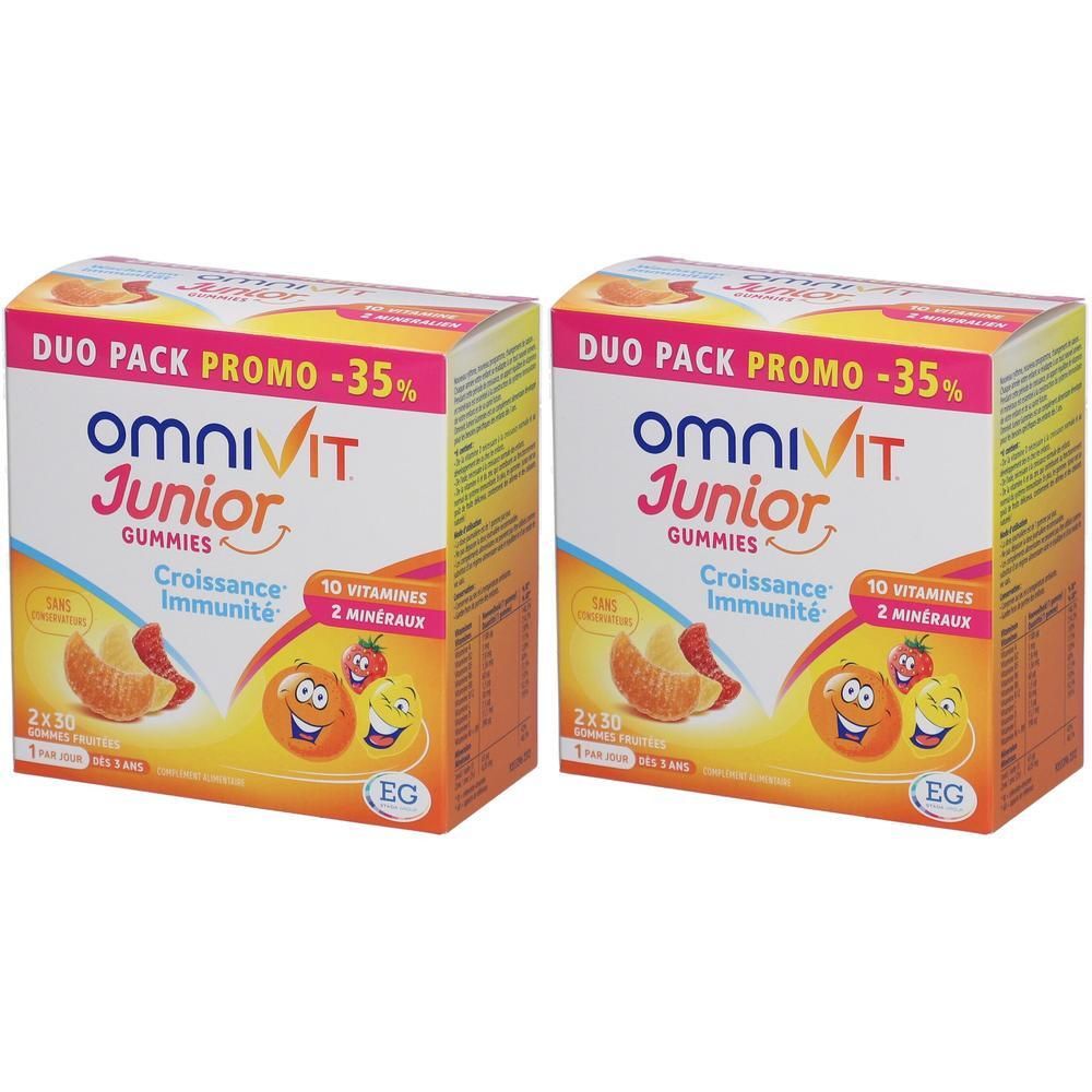 Zwei Packungen Omnivit Junior Gummies. Duo-Pack mit 35% Rabatt. Aufdruck: 10 Vitamine, 2 Mineralien. Abgebildet sind Gummibärchen und Früchte.