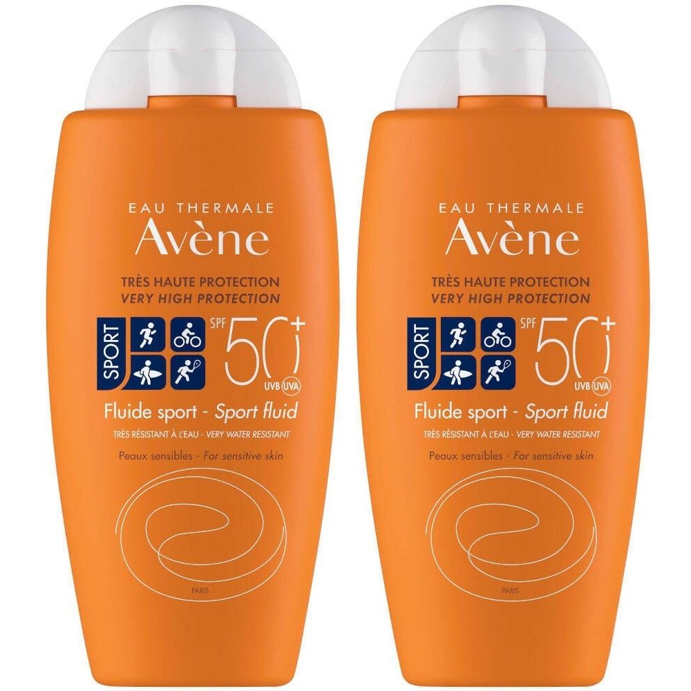 Deux flacons orange avec bouchon blanc. Inscription: Eau Thermale Avène, Sport Fluid SPF 50+. Très haute protection solaire.