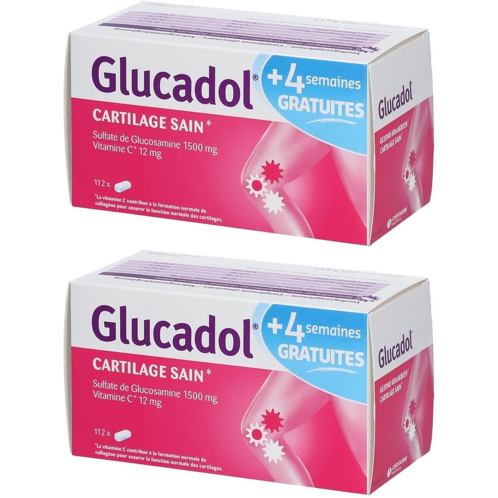 Zwei Packungen Glucadol. Aufschrift: Cartilage Sain, Sulfate de Glucosamine 1500 mg, Vitamin C 12 mg. Plus 4 semaines gratuites.
