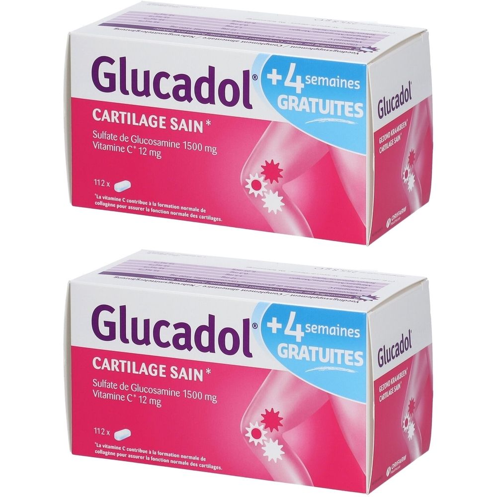Deux boîtes de Glucadol. Inscription: Cartilage Sain, Sulfate de Glucosamine 1500 mg, Vitamine C 12 mg. Plus 4 semaines gratuites.