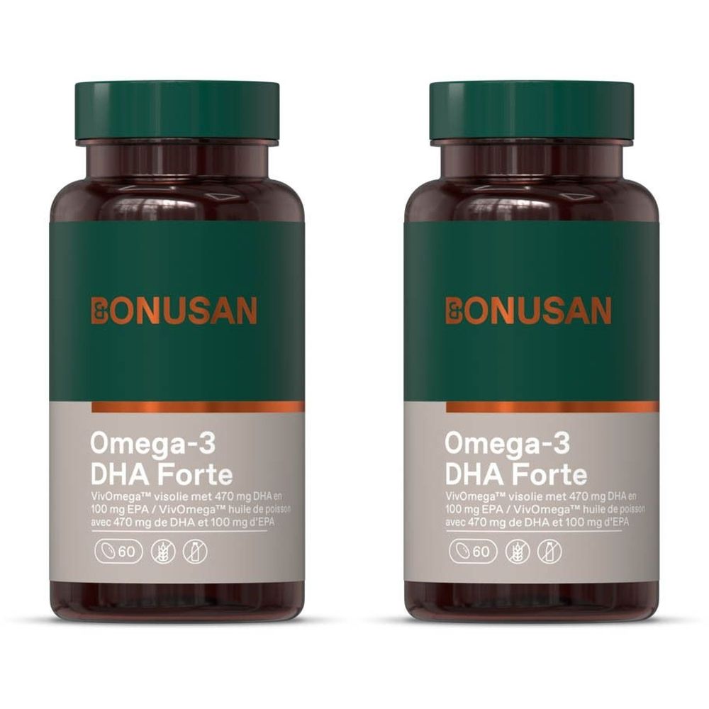 Deux flacons de BONUSAN Oméga-3 DHA Forte. Flacons bruns, bouchons verts, étiquettes. Texte: Oméga-3 DHA Forte.