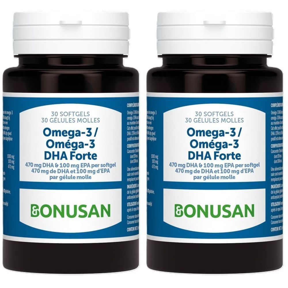 Zwei Flaschen BONUSAN Oméga-3 DHA Forte. Schwarze Flaschen mit weißem Deckel und blauem Etikett. Text: Omega-3 DHA Forte.