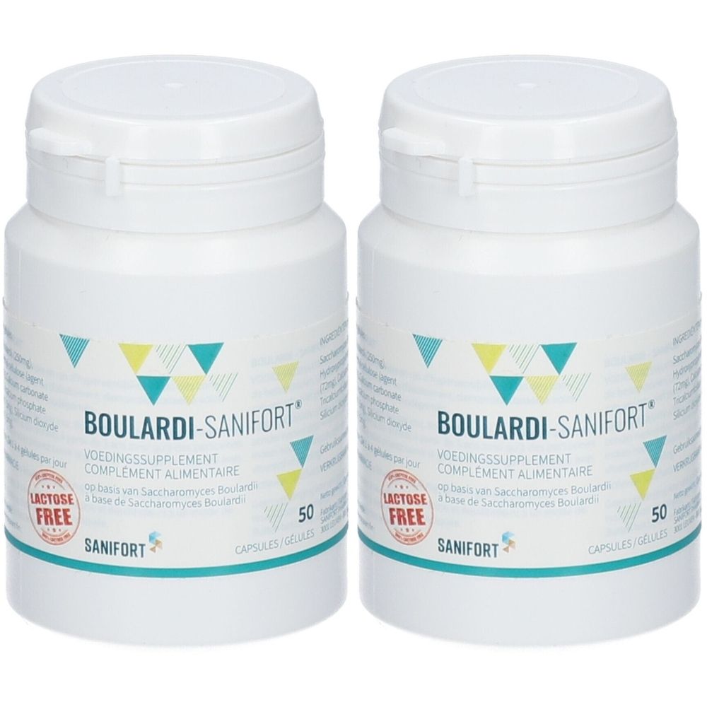 Zwei weiße Flaschen mit blau-grüner Beschriftung. Aufschrift: BOULARDI-SANIFORT, Laktosefrei, 50 Kapseln.