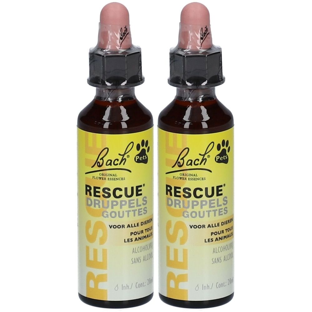 Deux flacons avec bouchons roses. Inscription: Bach Rescue Pets. Étiquette jaune avec texte multilingue.