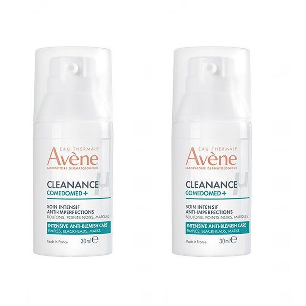 Deux flacons blancs avec pompe. Inscription: Avène Cleanance Comedomed+. Anti-imperfections. 30ml.