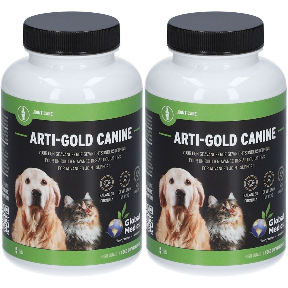 Deux flacons Arti-Gold Canine avec bouchons noirs. Étiquette avec chien, chat et texte: Joint Care, pour le soutien articulaire.