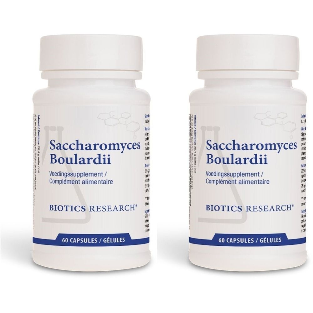Deux flacons blancs avec étiquettes. Inscription: Saccharomyces Boulardii, Biotics Research. 60 gélules.