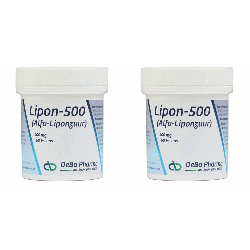 Deux flacons blancs avec couvercles. Inscription: Lipon-500 (Alfa-Liponzuur), 500 mg, 60 V-caps. Logo DeBa Pharma.