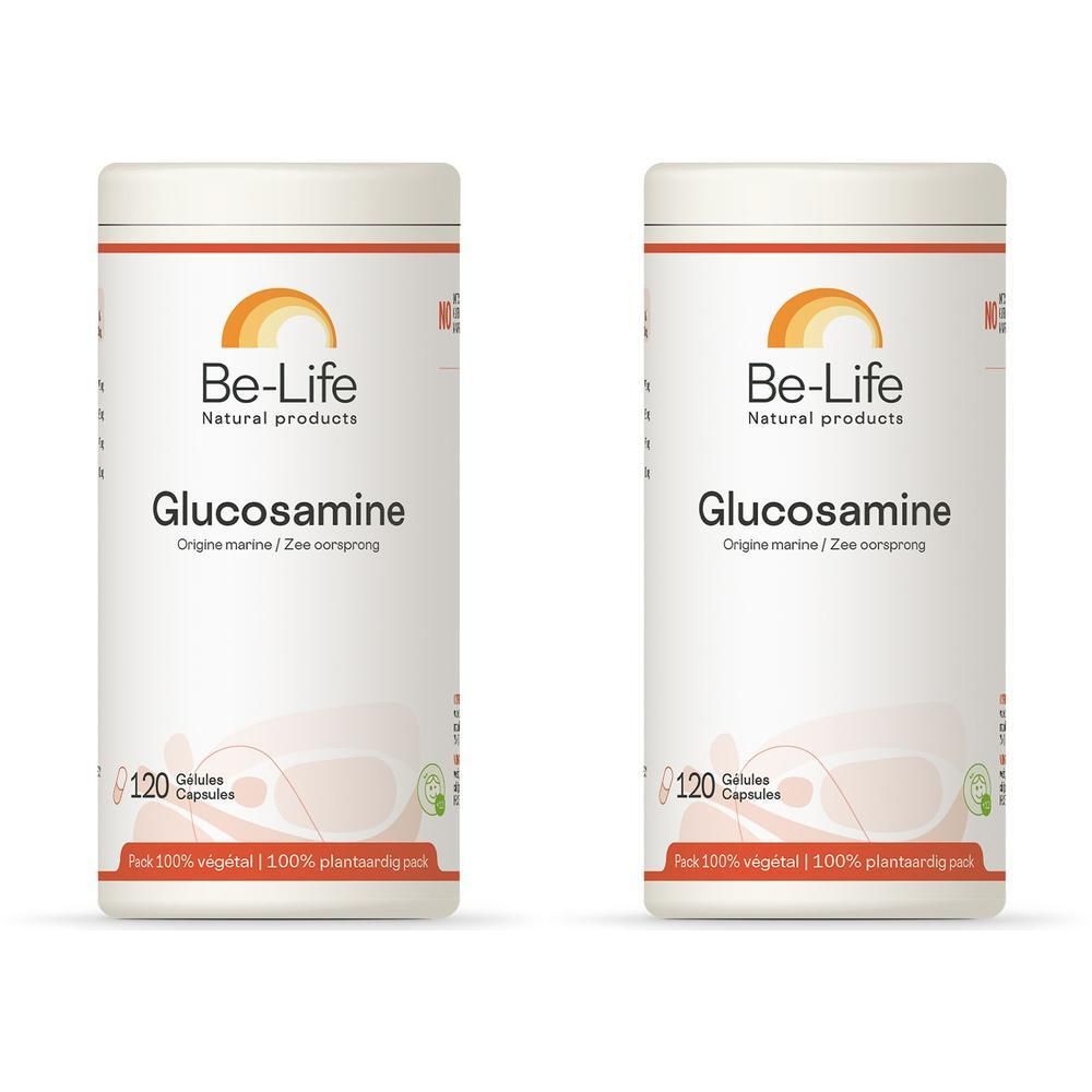 Zwei weiße Dosen mit rotem Deckel. Aufschrift: Be-Life, Glucosamin, 120 Kapseln. Mit Sonnenlogo und grünen Siegeln.