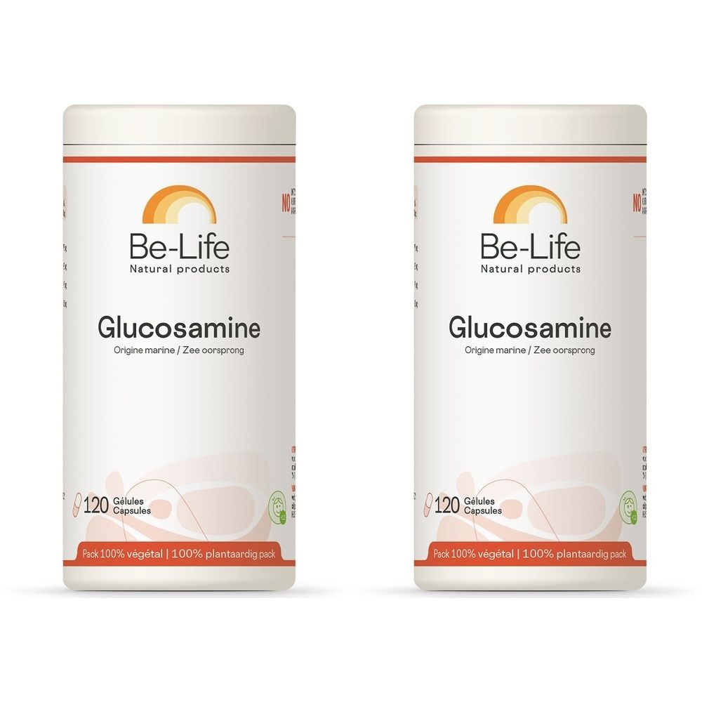 Deux boîtes blanches avec couvercles rouges. Inscription: Be-Life, Glucosamine, 120 gélules. Logo soleil et sceaux verts.