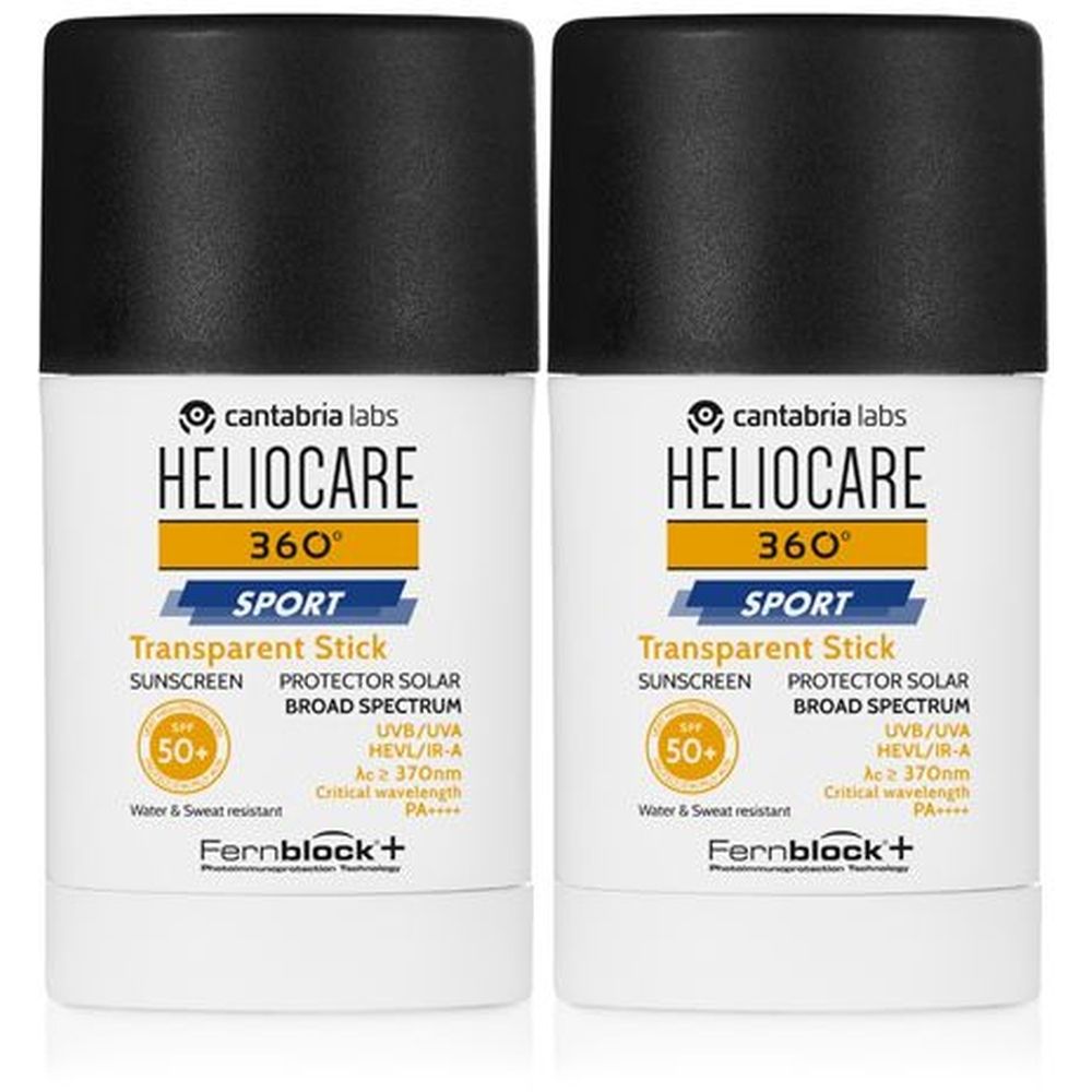 Zwei zylindrische Behälter mit schwarzem Deckel. Aufschrift: Heliocare 360° Sport Transparent Stick SPF50+. Wasser- und schweißbeständig.