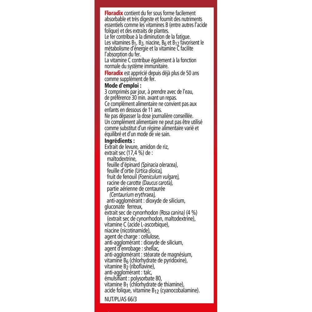 Rückseite der Floradix® Eisentabletten-Verpackung. Text in Französisch über Inhaltsstoffe und Anwendung.