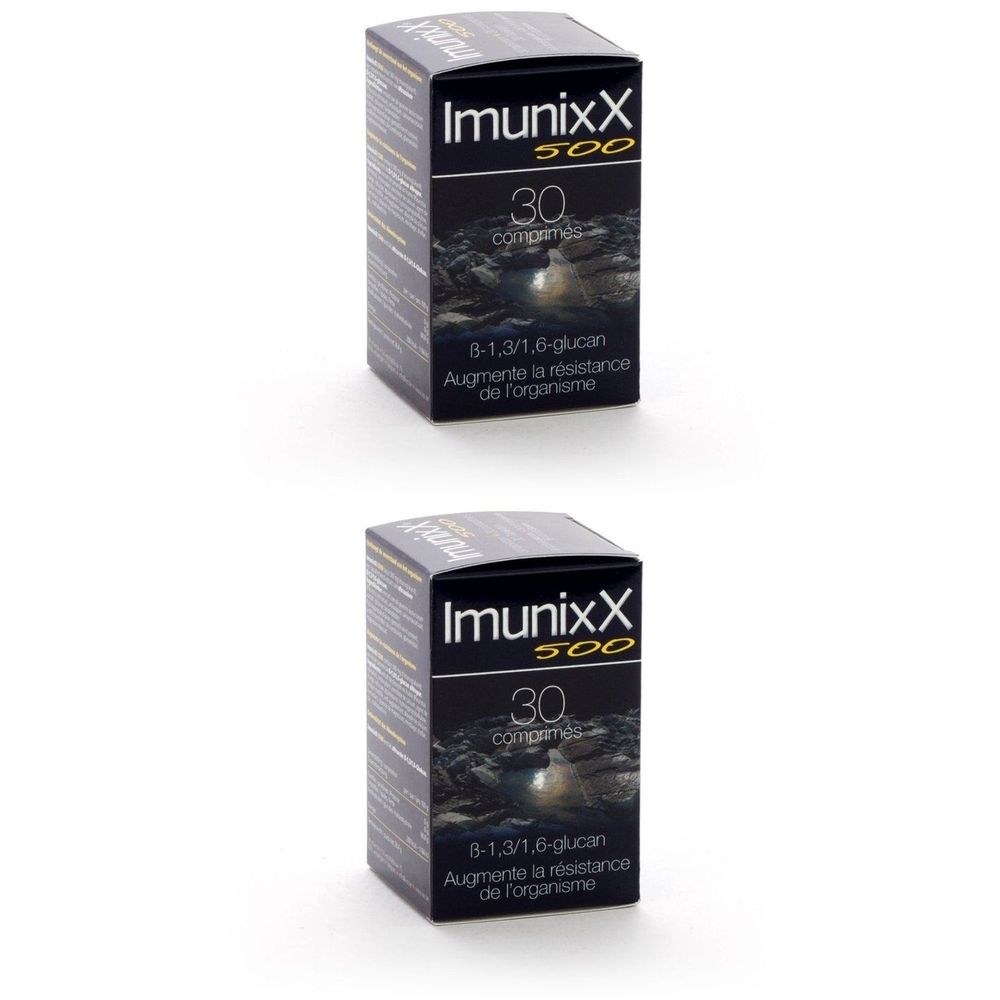 Schachtel mit ImunixX 500, 30 Tabletten. Enthält 8-1,3/1,6-Glucan. Schwarze Verpackung mit weißer Schrift.