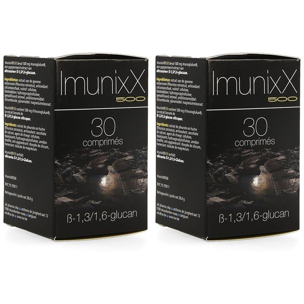 Schachtel mit ImunixX 500, 30 Tabletten. Enthält 8-1,3/1,6-Glucan. Schwarze Verpackung mit weißer Schrift.