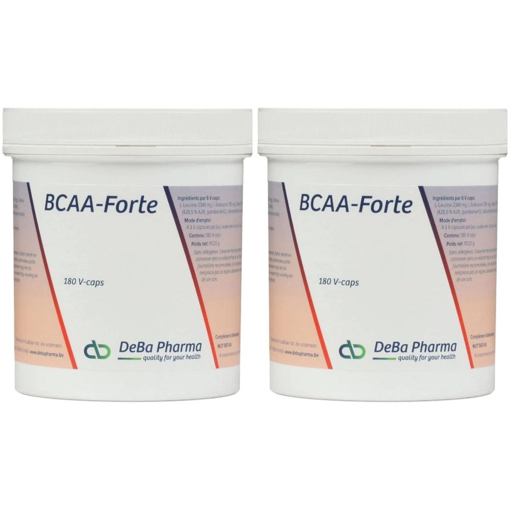 Deux pots blancs avec l'inscription BCAA-Forte, 180 V-caps et le logo DeBa Pharma. Bandes diagonales rouges et grises.