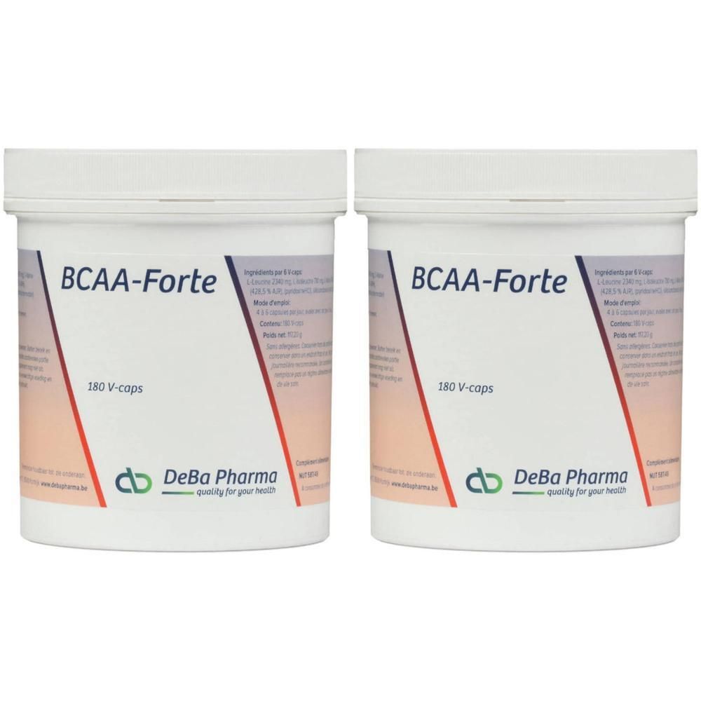 Zwei weiße Behälter mit Aufschrift BCAA-Forte, 180 V-caps und DeBa Pharma Logo. Rote und graue diagonale Streifen.