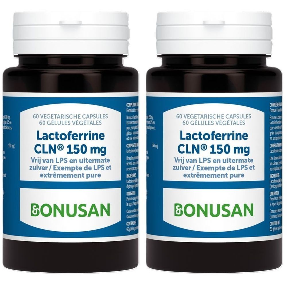 Zwei Flaschen BONUSAN Lactoferrine CLN® 150 mg. Blaue Etiketten mit weißer Schrift. 60 Kapseln. Grün-weißer Deckel.