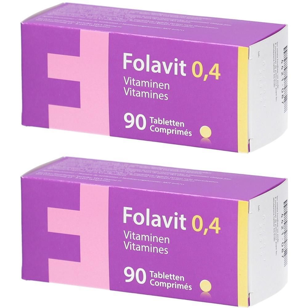 Zwei Packungen Folavit 0,4 Vitaminen. Lila Verpackung mit weißer Schrift. Enthält 90 Tabletten.