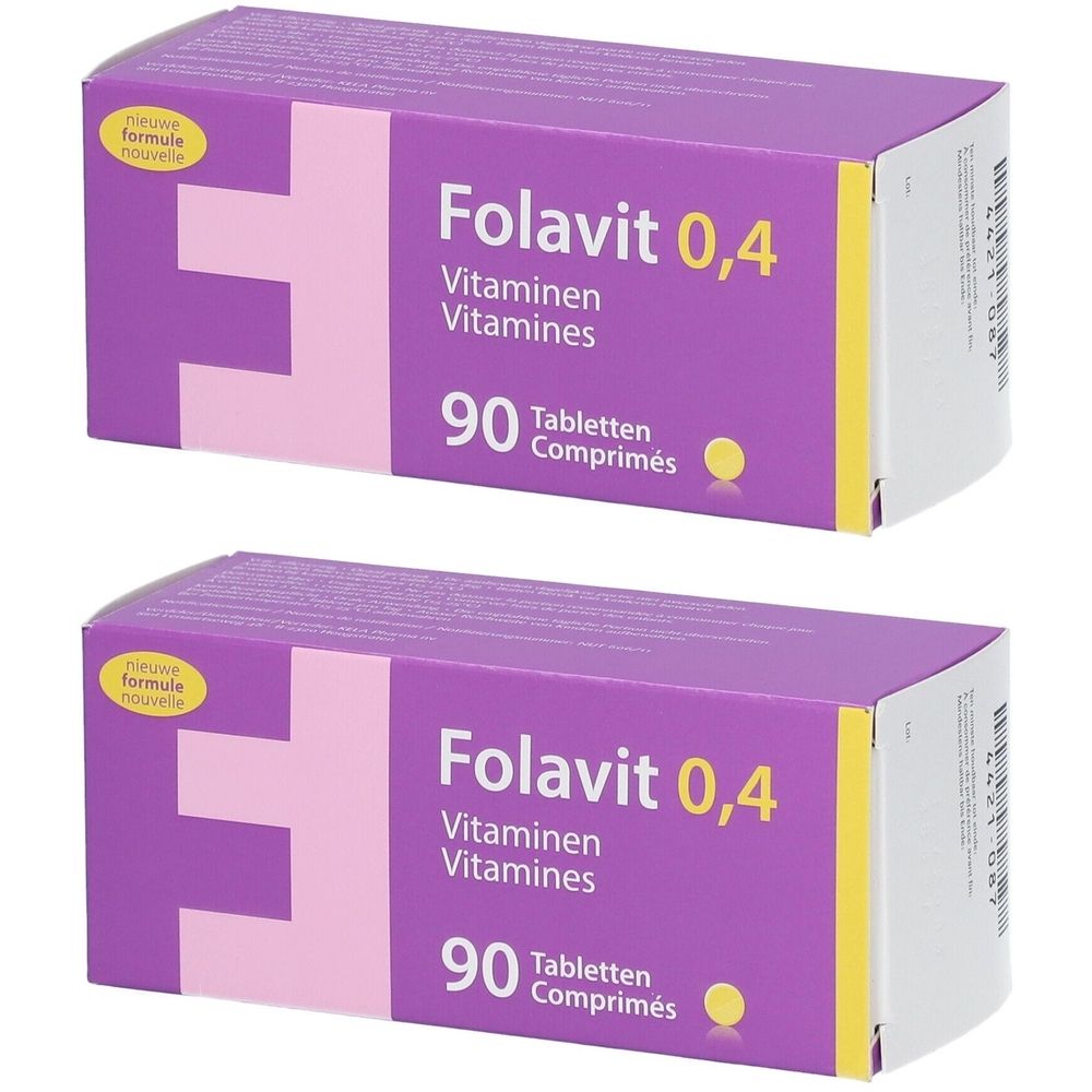 Deux boîtes de Folavit 0,4 Vitamines. Emballage violet avec texte blanc. Contient 90 comprimés. Nouvelle formule.