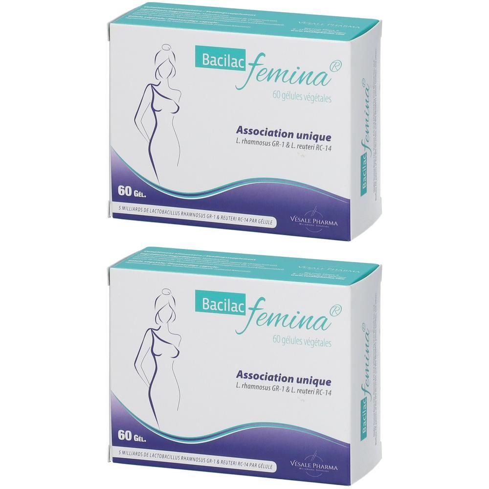 Zwei Schachteln Bacilac femina®. Weiße Verpackung mit Produktnamen, Illustration einer Frau und Text. 60 Kapseln.