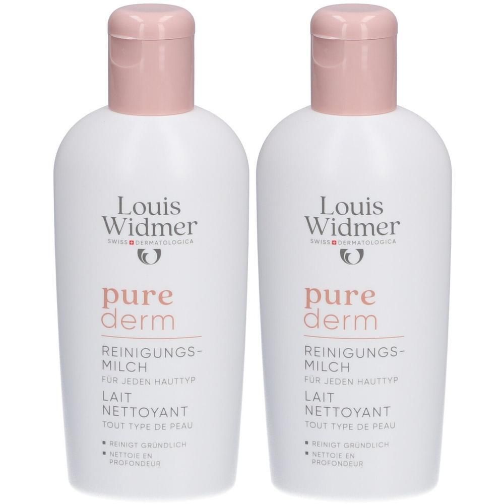 Zwei Flaschen Louis Widmer Purederm Reinigungsmilch. Weiße Flaschen mit rosa Deckel. Text: pure derm, Reinigungsmilch, Lait nettoyant.
